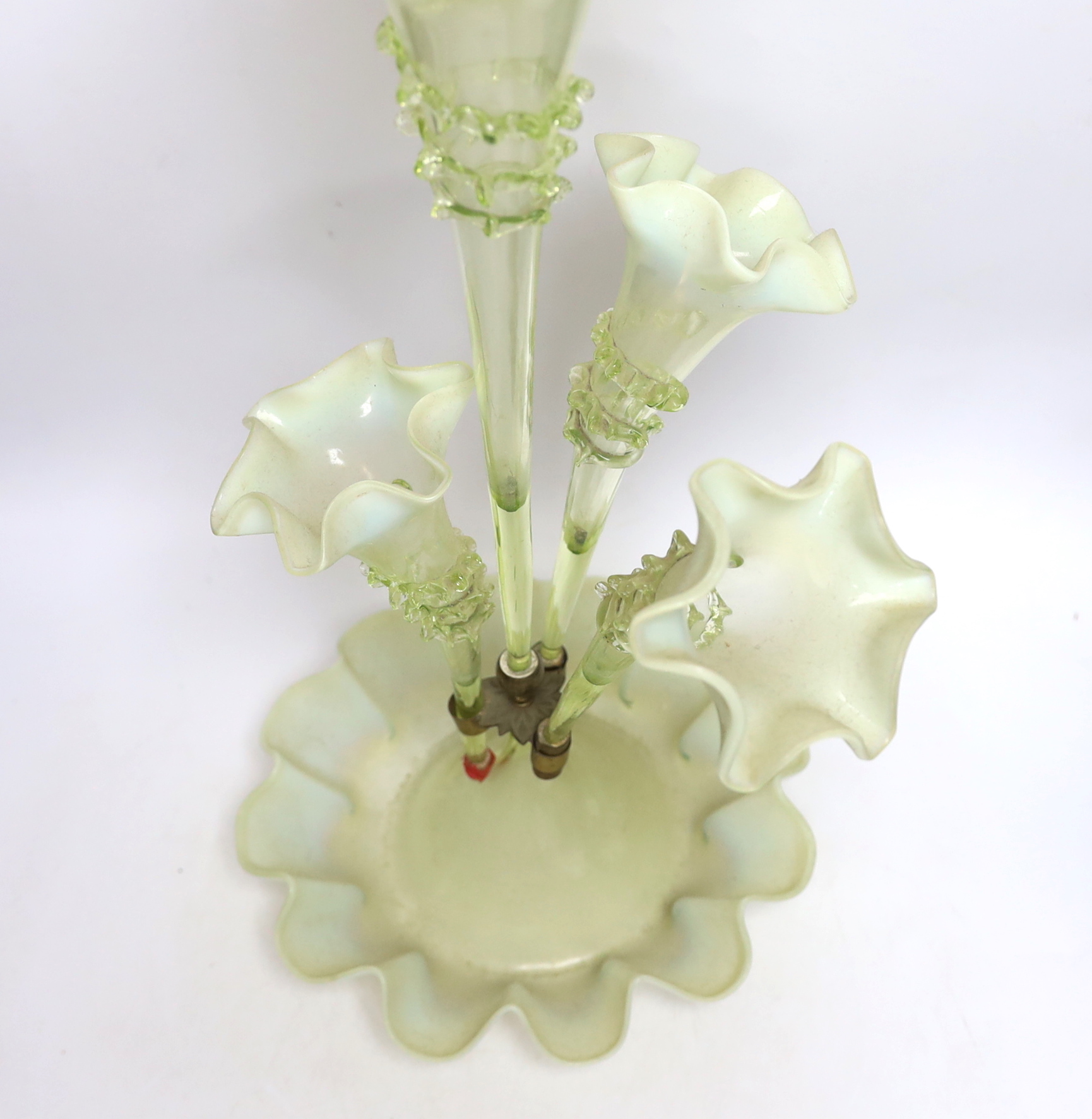 A Victorian Vaseline glass epergne, 56cm